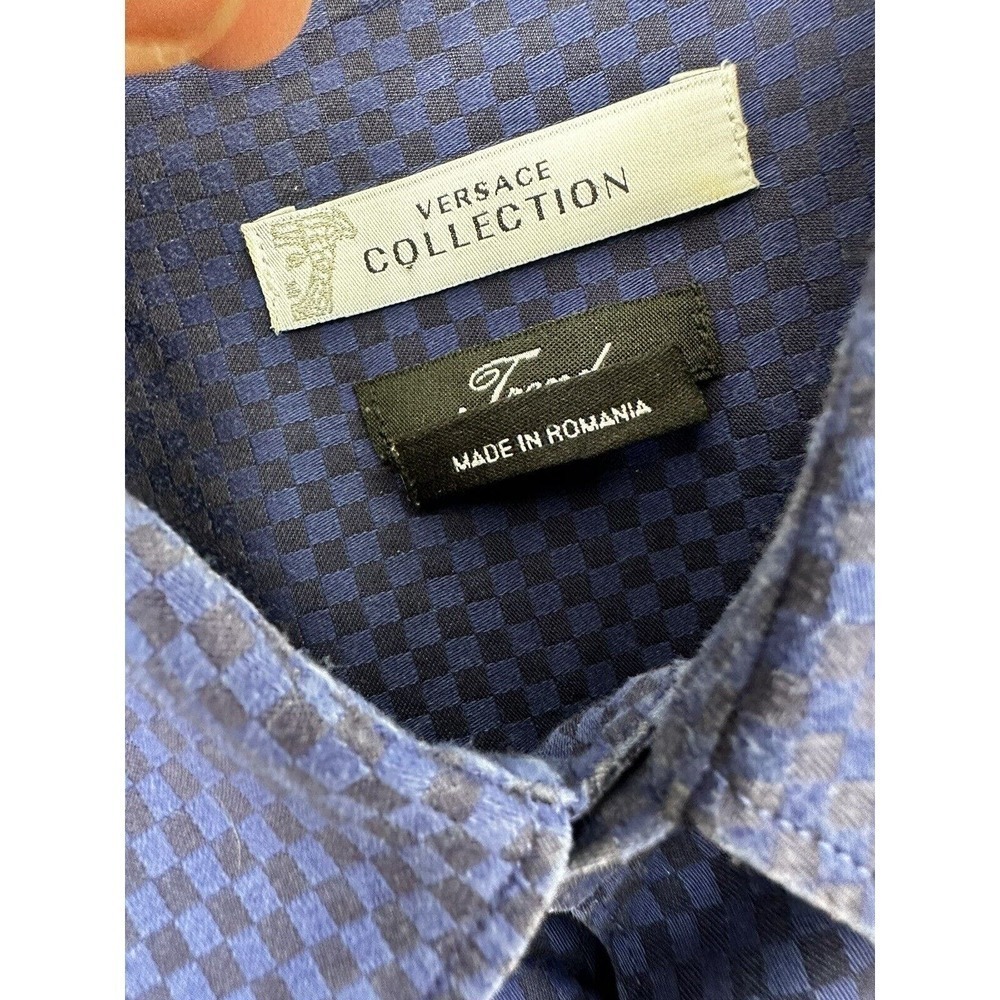 Versace Collection Mens Shirt Button Down Sz 42 16.5 Buffalo Check Blue Black‌‌ - Picture 7 of 11